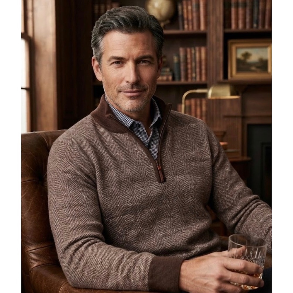 Peter Millar Extrafine Italian Merino Wool Herringbone Quarter Zip Sweater L